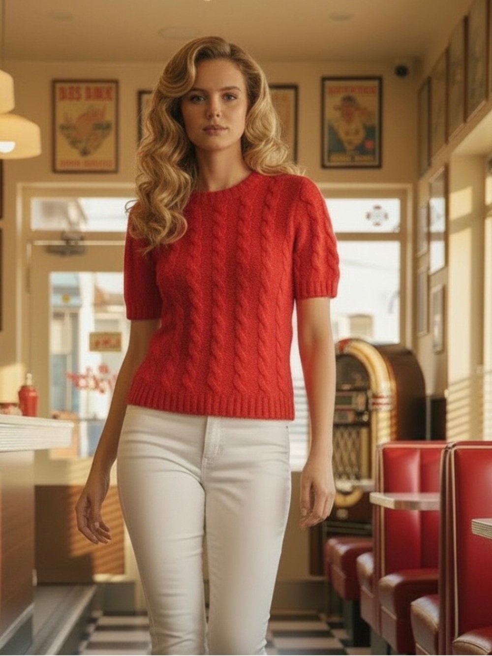 Red Cable Knit Sweater Top